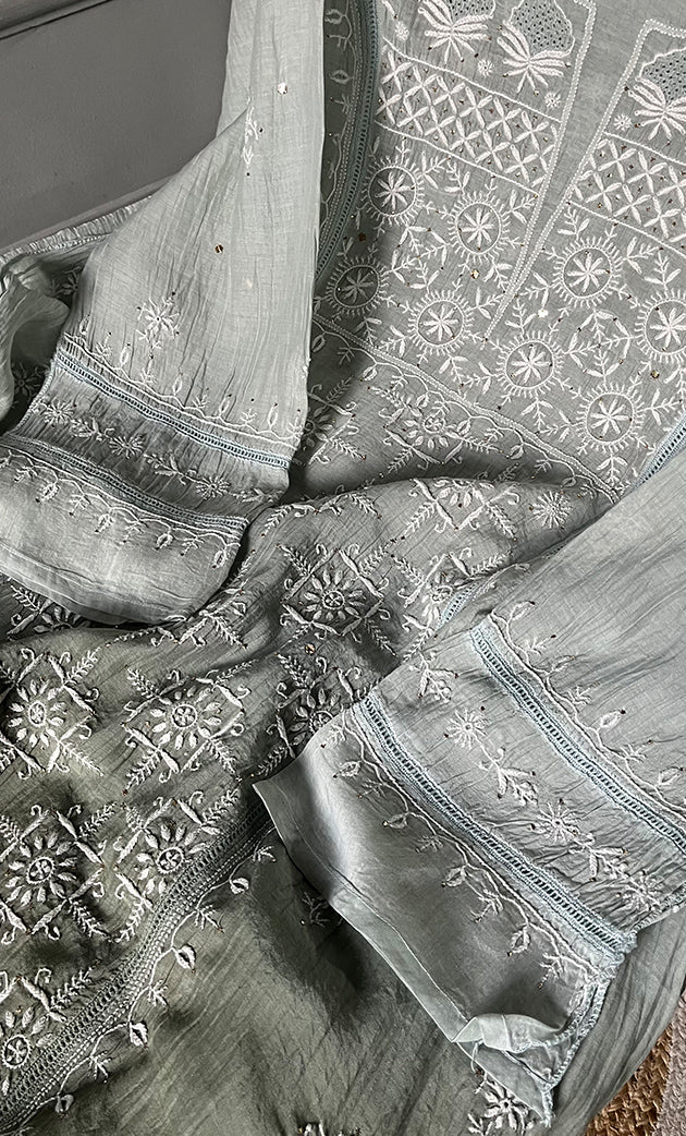 Women's Lakhnavi Handcrafted Mul Chanderi Semi - Stitched Kurta And Dupatta Set - HONC0284748