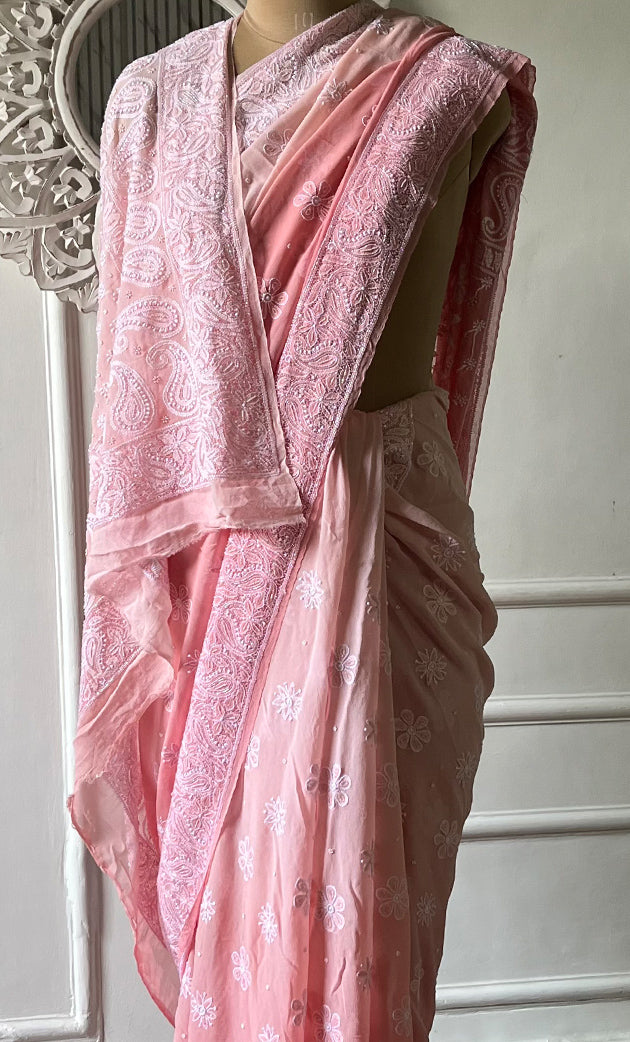 Women's Lakhnavi Handcrafted Pure Silk Georgette Chikankari Saree - HONC0285571