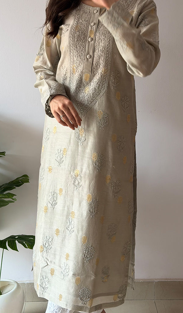 Women's Lucknowi Handcrafted Chanderi Silk Chikankari Kurti - HONC0354864
