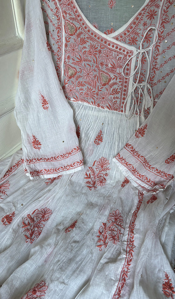 Women's Lakhnavi Handcrafted Mul Chanderi Semi - Stitchd Angrakha  And Dupatta Set - HONC0344312