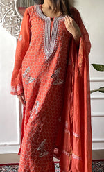 Load image into Gallery viewer, Women's Lakhnavi Handcrafted Mul Chanderi Chikankari Stitched Kurta, Dupatta And Pant Set - HONC0332155