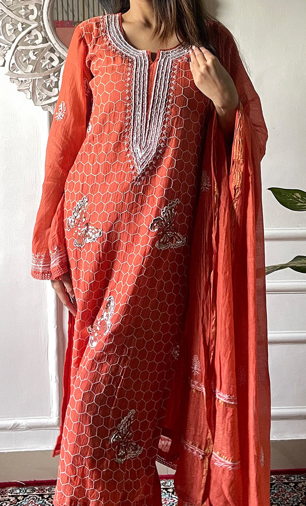 Women's Lakhnavi Handcrafted Mul Chanderi Chikankari Stitched Kurta, Dupatta And Pant Set - HONC0332155