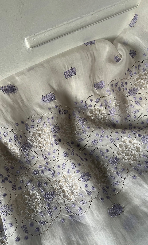 Mainaaj  Women's Lakhnavi Handcrafted Pure Organza Chikankari Unstitched Kurta And Dupatta Set- HONC0327338