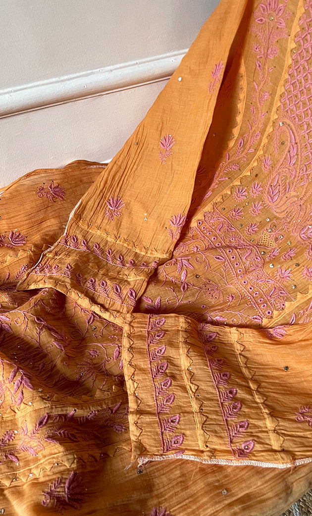 Women's Lakhnavi Handcrafted Mul Chanderi Semi - stitched Kurta And Dupatta Set- HONC0282409