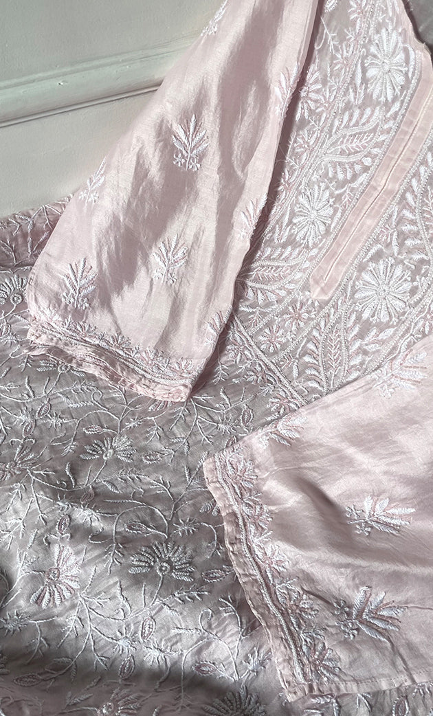 Women's Lakhnavi Handcrafted Chanderi Silk Semi - Stitched Kurta And Dupatta Set - HONC0312994