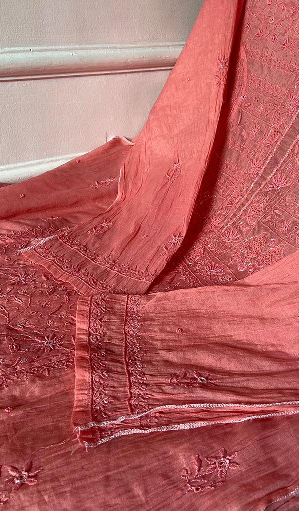 Women's Lucknowi Handcrafted Chanderi Silk Semi - stitched Chikankari Full Suit Material - HONC0311684