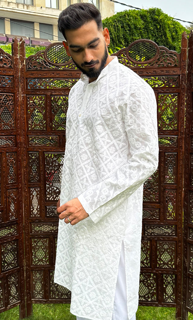 Men's Lucknowi Handcrafted Cotton Chikankari Kurta - HONC0283972