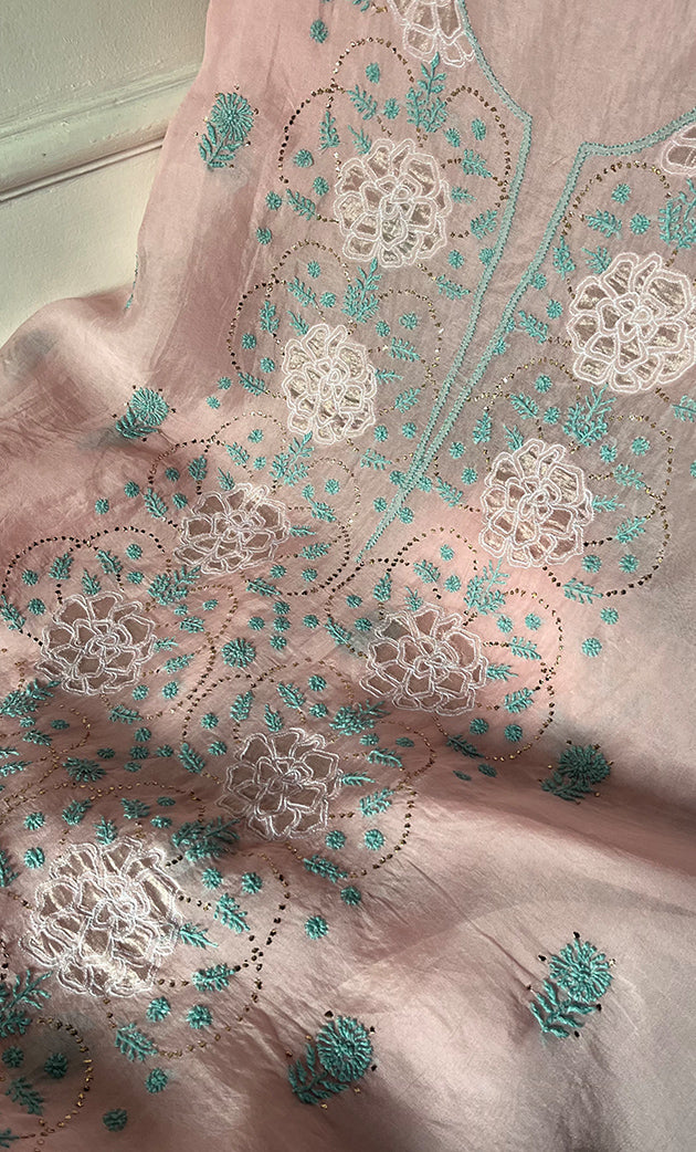 Mainaaj Women's Lakhnavi Handcrafted Pure Organza Chikankari Unstitched Kurta And Dupatta Set- HONC0330937
