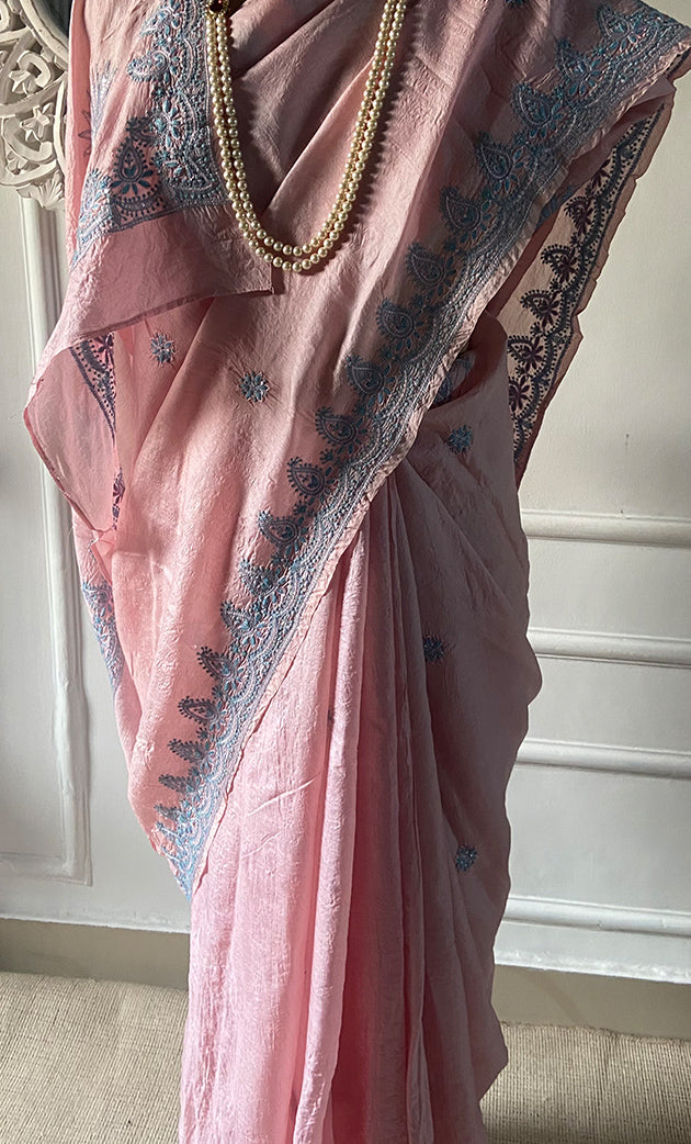 Women's Lakhnavi Handcrafted Tussar Silk Chikankari Saree - HONC0289386