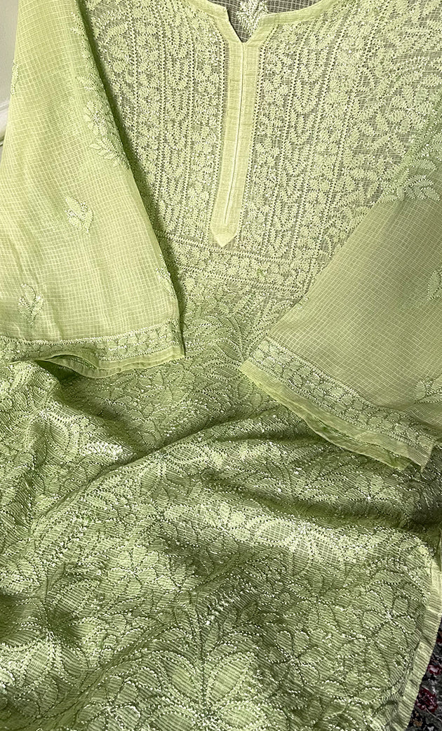 Women's Lucknowi Handcrafted Kota Chanderi Chikankari Semi Stitched Kurta And Dupatta Set - HONC0314214
