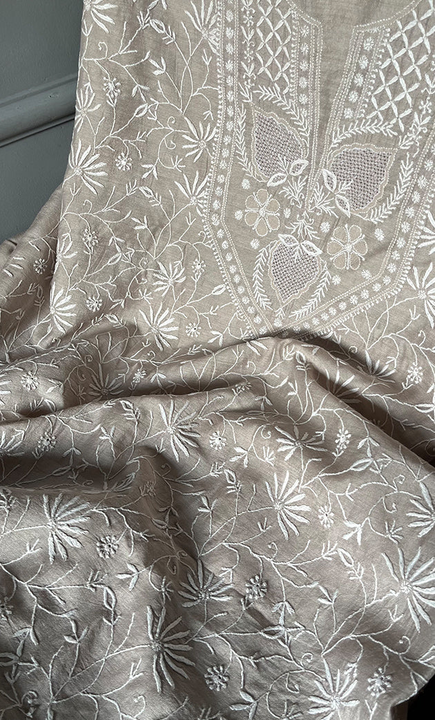 Women's Lakhnavi Handcrafted Munga Silk Chikankari Kurta And Dupatta Set- HONC0280927