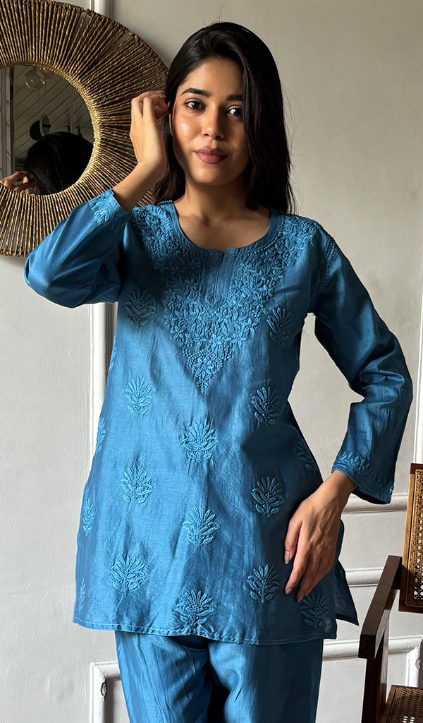 Riddhi Women's Lakhnavi Handcrafted Chanderi Silk Chikankari Top And Pant Set - HONC0360723