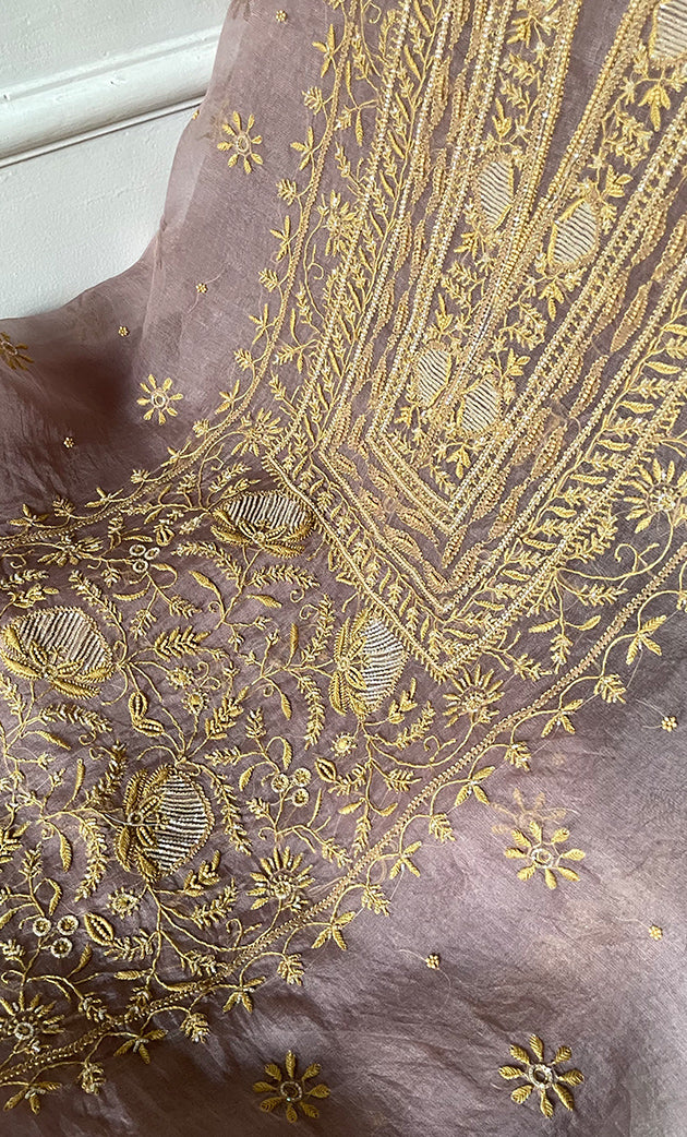 Women's Lakhnavi Handcrafted Pure Organza Chikankari Unstitched Kurta And Dupatta Set- HONC0318670