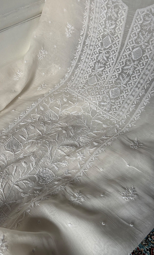 Women's Lakhnavi Handcrafted Unstitched Mul Chanderi Kurta And Dupatta Set - HONC0327485