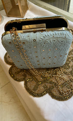 Load image into Gallery viewer, Light Blue Chikankari Embroidered Clutch with Golden Colour Chain - HONC0263111
