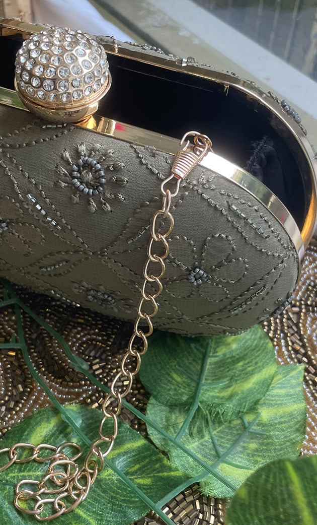 Olive Green Embroidered Clutch with Golden Crystal Clasp - HONC0313597