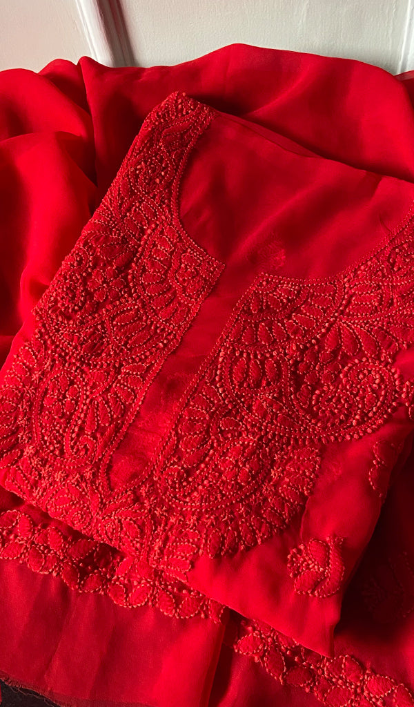 Red Women Lucknowi Handcrafted Faux-Georgette Chikankari Semi - Stitched Suit Material