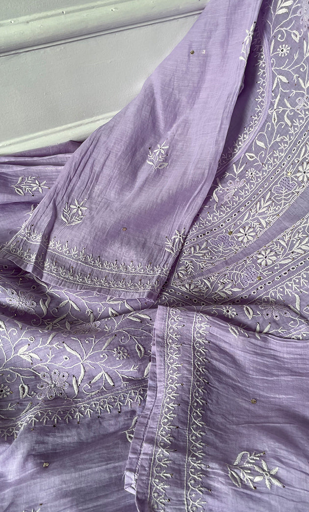 Women's Lakhnavi Handcrafted Mul Chanderi Semi -stitched Chikankari Full Suit Material - HONC0296116