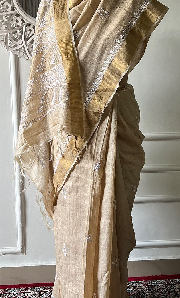 Women's Lakhnavi Handcrafted Munga Silk Chikankari Saree - HONC0314647