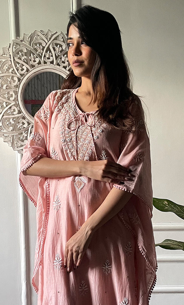 Women's Lucknowi Handcrafted Mul chanderi Chikankari Kaftan - HONC0318262