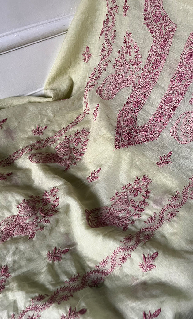 Women's Lakhnavi Handcrafted Mul Chanderi Unstitched Chikankari Full Suit Material - HONC0326123