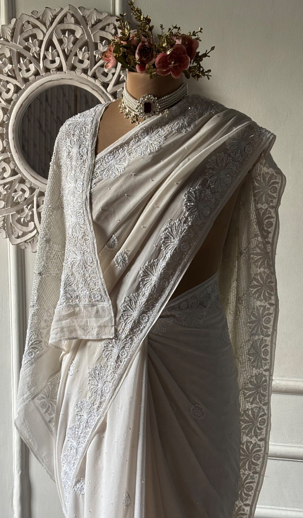 Women's Lakhnavi Handcrafted Pure Silk Georgette Chikankari Saree- HONC0325906