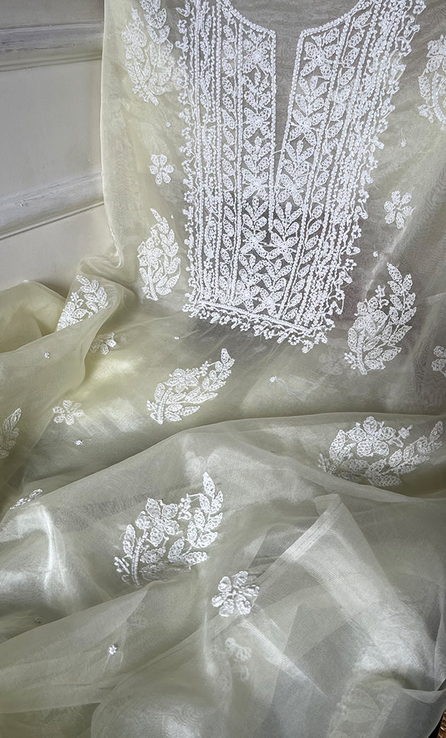 Women's Lakhnavi Handcrafted Organza Chikankari Unstitched Full Suit Material - HONC0284626