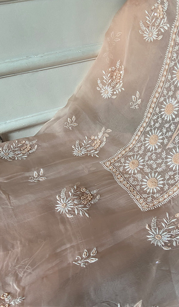 Mainaaj  Women's Lakhnavi Handcrafted Pure Organza Chikankari Unstitched Kurta And Dupatta Set- HONC0311251
