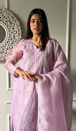 Load image into Gallery viewer, Women's Lucknowi Handcrafted Pure Organza Silk Stitched Chikankari Kurta, Dupatta With Pant Set- HONC0319989