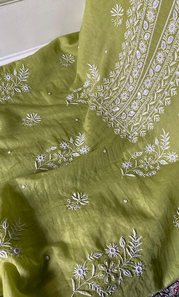 Women's Lakhnavi Handcrafted Mul Chanderi Unstitched Chikankari Full Suit Material - HONC0328322