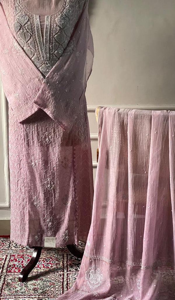 Mehar Women's Lakhnavi Handcrafted Mul Chanderi Semi - Stitched Kurta And Dupatta Set - HONC0596464