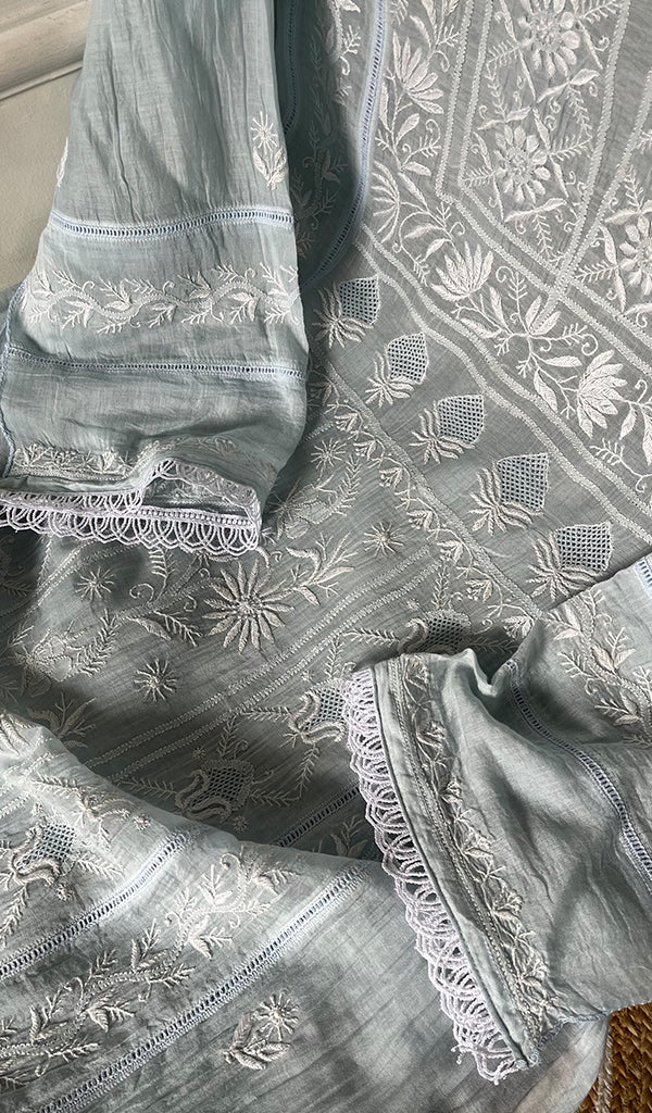 Women's Lakhnavi Handcrafted Mul Chanderi Chikankari Semi Stitched Kurta And Dupatta Set- HONC0299470