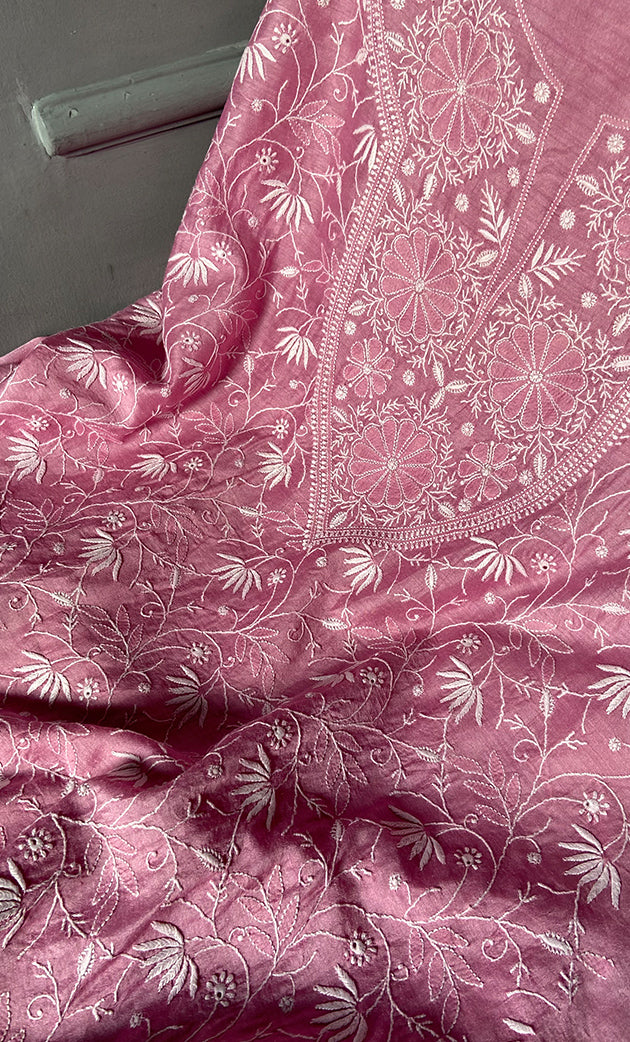 Women's Lakhnavi Handcrafted Munga Silk Chikankari Kurta And Dupatta Set- HONC0278049