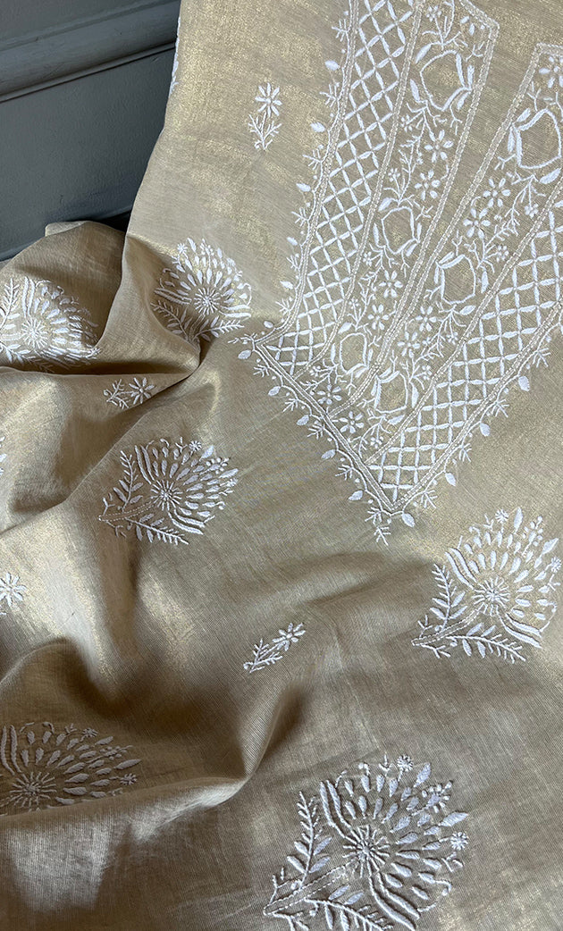 Women's Lakhnavi Handcrafted Tissue Chanderi Unstitched Kurta And Dupatta Set - HONC0284695