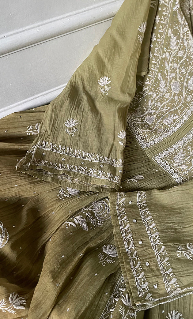 Women's Lakhnavi Handcrafted Mul Chanderi Semi - Stitched Kurta And Dupatta Set - HONC0309524