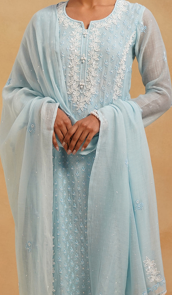 Saziya Women's Lakhnavi Handcrafted Mul Chanderi Chikankari Stitched Kurta, Dupatta And Pant Set - HONC0464646