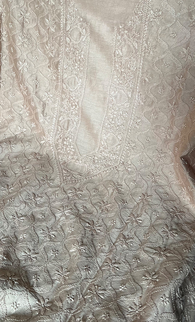 Lucknowi Handcrafted Chanderi Silk Chikankari Unstitched Men's Kurta Fabric - HONC0306347