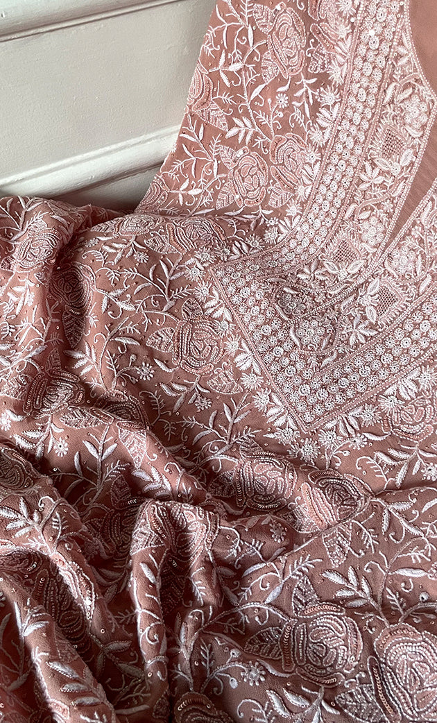 Women's Lakhnavi Handcrafted Pure Silk Georgette Chikankari Kurta And Dupatta Set- HONC0290999