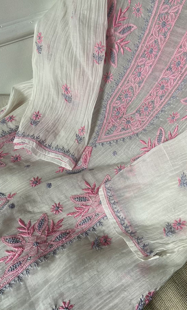 Women's Lakhnavi Handcrafted Mul Chanderi Semi - stitched Kurta And Dupatta Set- HONC0314871