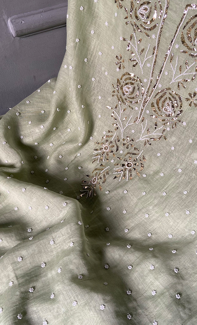 Women's Lakhnavi Handcrafted Mul Chanderi Unstitched Chikankari Full Suit Material - HONC0311937