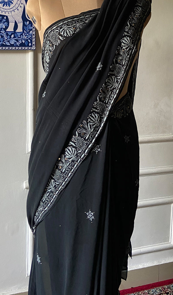 Women's Lakhnavi Handcrafted Pure Silk Georgette Chikankari Saree - HONC0274172