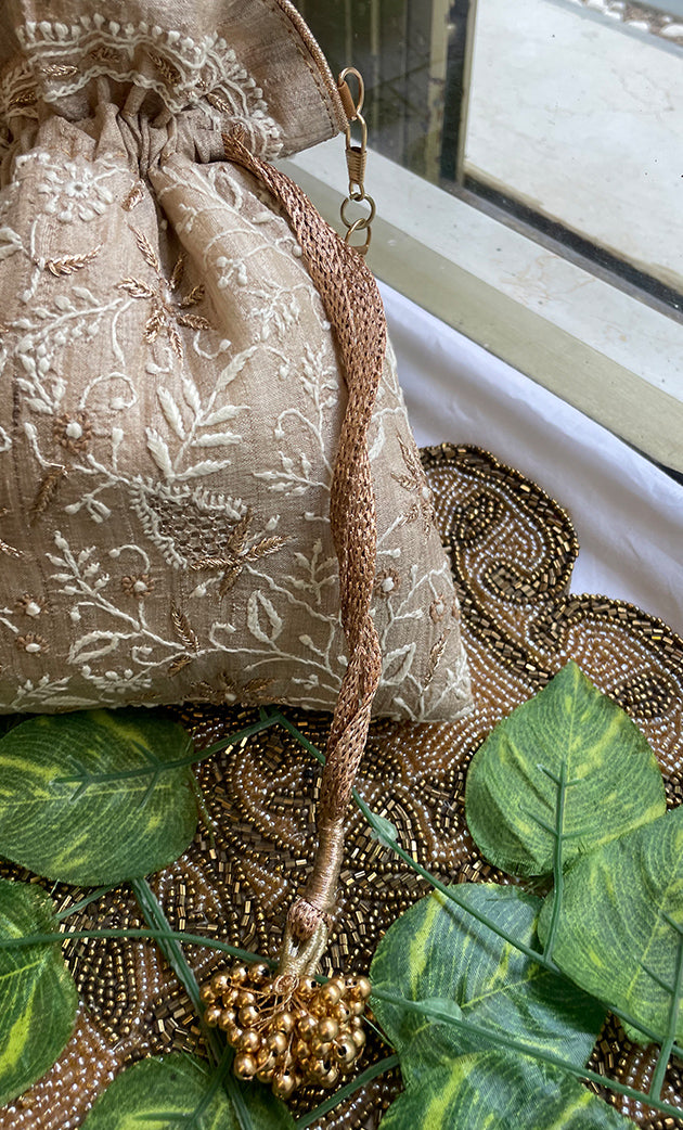 Handcrafted Beige Chikankari Embroidered Potli Bag – 9 x 8 Inches - HONC0308901