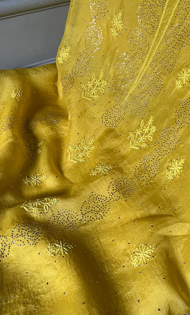 Afeera Women's Lakhnavi Handcrafted Pure Organza Chikankari Unstitched Kurta And Dupatta Set- HONC0304140