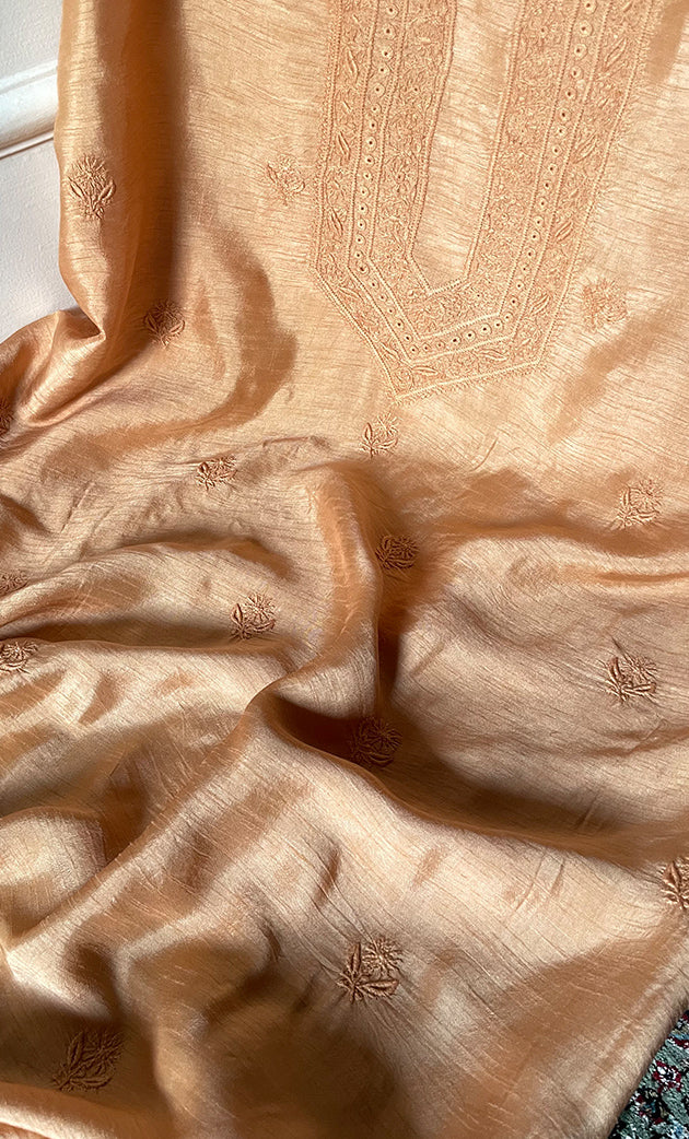 Lucknowi Handcrafted Raw Silk Chikankari Unstitched Men's Kurta Fabric - HONC0288529