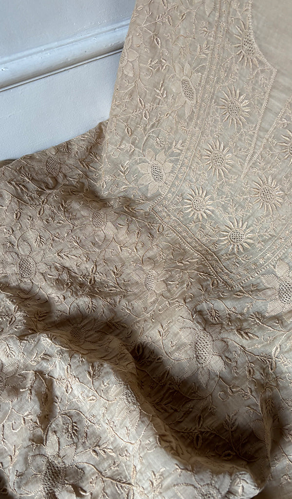 Women's Lakhnavi Handcrafted Mul Chanderi Unstitched Chikankari Full Suit Material - HONC0321754