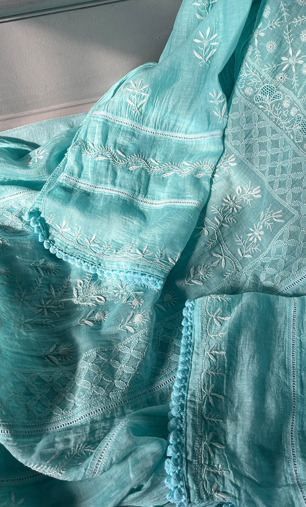 Women's Lakhnavi Handcrafted Mul Chanderi Semi-stitched Kurta And Dupatta Set- HONC0288568