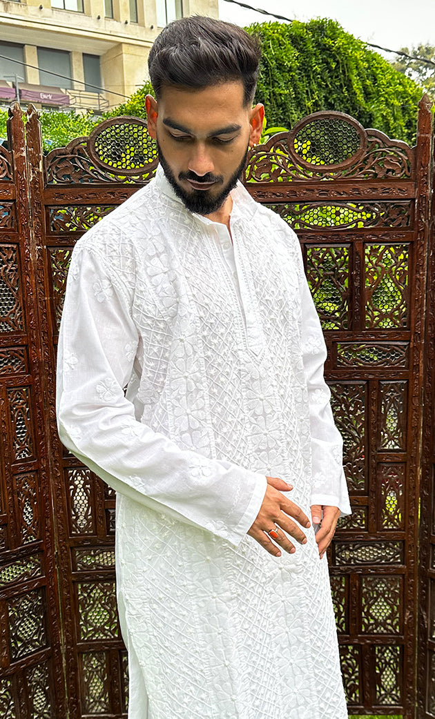 Men's Lucknowi Handcrafted Cotton Chikankari Kurta - HONC0295480