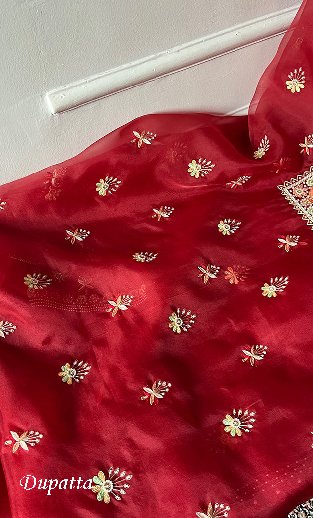 Women's Lakhnavi Handcrafted Pure Organza Chikankari Unstitched Kurta And Dupatta Set- HONC0335374