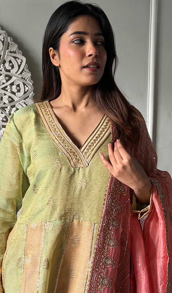 Women's Lakhnavi Handcrafted Tissue Chanderi Silk  Chikankari Stitched Anarkali , Dupatta And Pant Set - HONC0340595