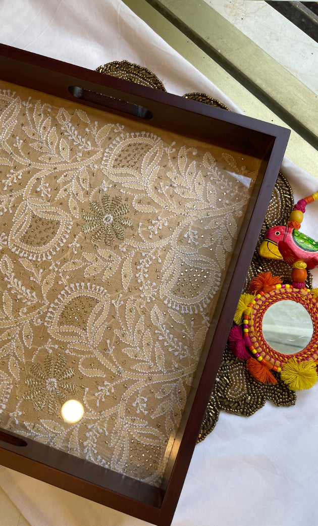 Elegant Wooden Chikankari Tray – Handcrafted Lucknowi Embroidery - HONC0310504
